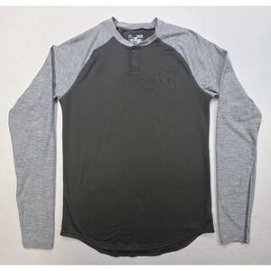 Under Armour Henley Shirt Mens‎ M Gray Green Snaps Fitted Coldgear Pullover
